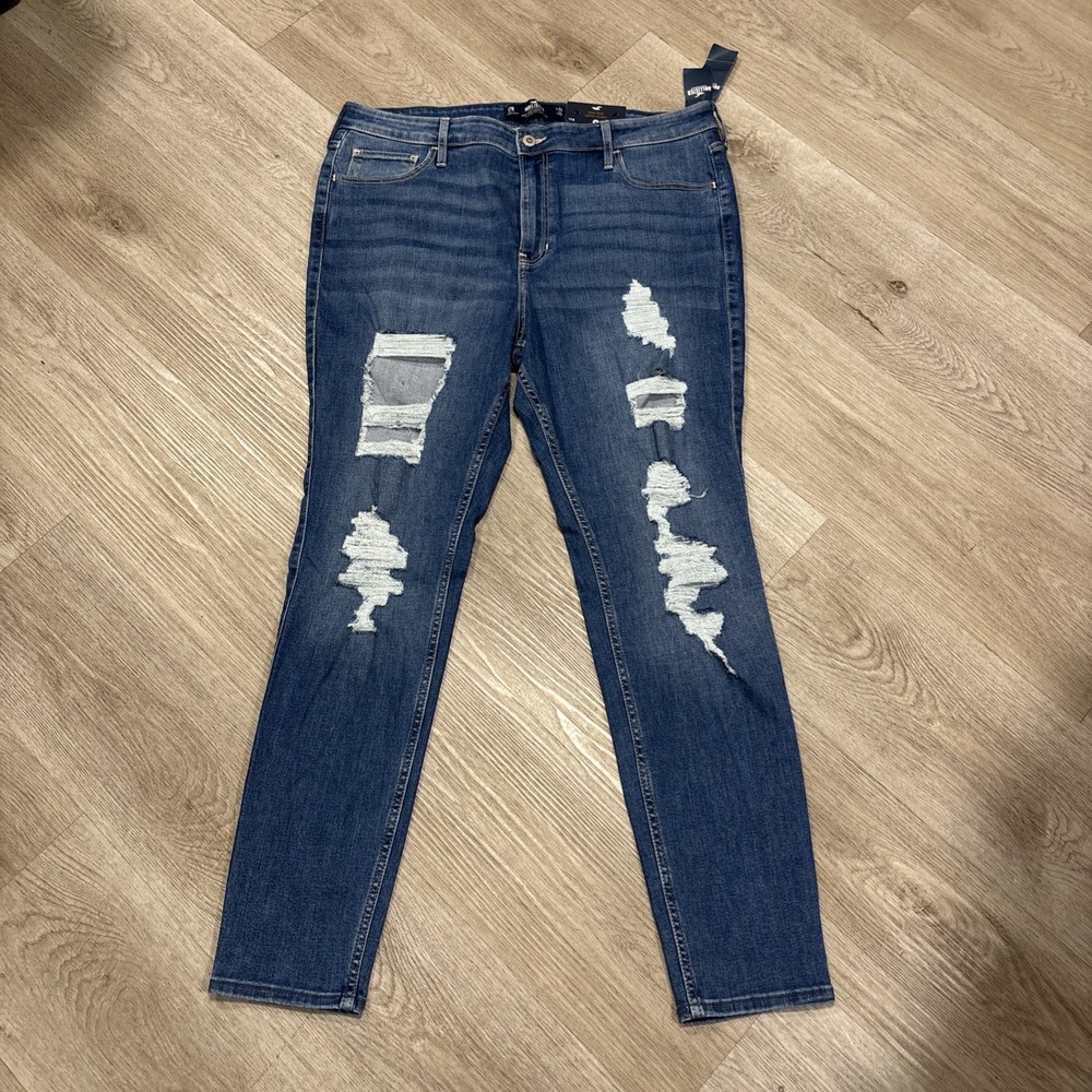Hollister High Rise Super Skinny Jeans Women Size 17L W33 L29 Blue Distressed